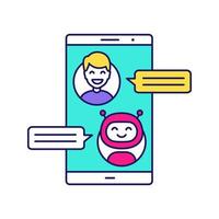 Support chatbot color icon. Messenger bot. Modern robot. Virtual assistant. Chat bot. Man chatting with bot on smartphone. Isolated vector illustration