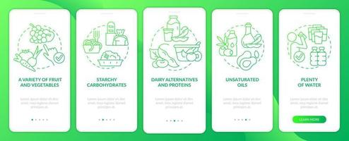 Tips for vegan lifestyle green gradient onboarding mobile app screen. Walkthrough 5 steps graphic instructions pages with linear concepts. UI, UX, GUI template. vector