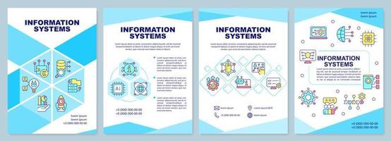 Information systems blue brochure template. Digital data processing. Leaflet design with linear icons. 4 vector layouts for presentation, annual reports.