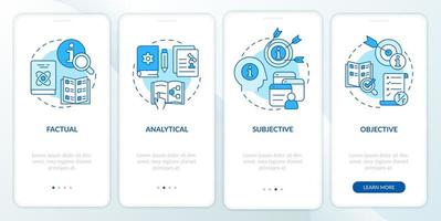 Major types of information blue onboarding mobile app screen. Walkthrough 4 steps graphic instructions pages with linear concepts. UI, UX, GUI template. vector