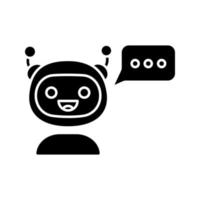 Chatbot with three dots in speech bubble glyph icon. Silhouette symbol. Modern robot. Online virtual assistant. Chat bot. Digital support. Negative space. Vector isolated illustration