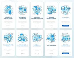 Information systems application blue onboarding mobile app screen set. Walkthrough 5 steps graphic instructions pages with linear concepts. UI, UX, GUI template. vector