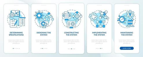 ciclo de vida de desarrollo del sistema de información pantalla de aplicación móvil de incorporación azul. tutorial 5 pasos páginas de instrucciones gráficas con conceptos lineales. interfaz de usuario, ux, plantilla de interfaz gráfica de usuario. vector