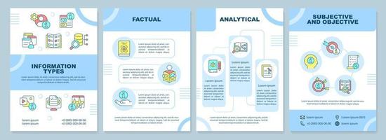 plantilla de folleto azul de tipos de información. tipo fáctico y analítico. diseño de folletos con iconos lineales. 4 diseños vectoriales para presentación, informes anuales. vector