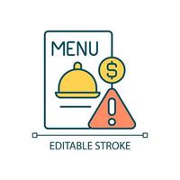 Menu prices RGB color icon. Paying for restaurant bill. List of dishes in cafe. Caution sign. Isolated vector illustration. Simple filled line drawing. Editable stroke.