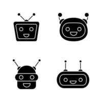 Chatbots glyph icons set. Silhouette symbols. Talkbots. Laughing virtual assistants collection. Conversational agents. Modern robots. Vector isolated illustration