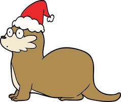 line drawing of a otter wearing santa hat vector