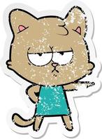 distressed sticker of a bored cartoon cat pointing vector