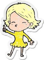 distressed sticker of a cartoon woman with idea vector