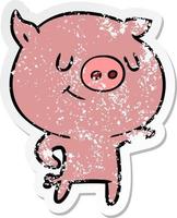 distressed sticker of a happy cartoon pig vector