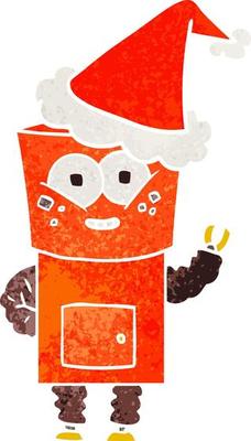 happy retro cartoon of a robot waving hello wearing santa hat