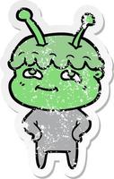 distressed sticker of a friendly cartoon spaceman vector