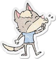 distressed sticker of a howling cartoon wolf wearing clothes vector