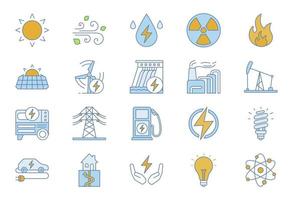 conjunto de iconos de colores de energía eléctrica. electricidad. generación y acumulación de energía. industria de la energía eléctrica. recursos energéticos alternativos. ilustraciones de vectores aislados