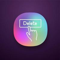 Delete button click app icon. UI UX user interface. Del. Hand pressing button. Web or mobile applications. Vector isolated illustration