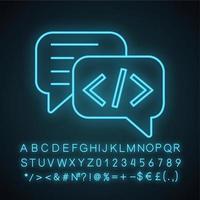 Chatbot coding neon light icon. Talkbot with chip insert. Codebot. Code writing virtual assistant. Online helper. Glowing sign with alphabet, numbers and symbols. Vector isolated illustration