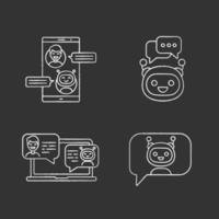 Chatbots chalk icons set. Virtual assistants. Messenger and chat bots. Modern robots. Smartphone and laptop chatterbots. Isolated vector chalkboard illustrations