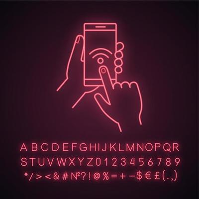 Hands holding NFC smartphone neon light icon. NFC phone. Near field communication. Mobile phone contactless payment. Glowing sign with alphabet, numbers and symbols. Vector isolated illustration
