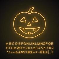 Halloween pumpkin neon light icon. Autumn holidays. Halloween party decoration. Glowing sign with alphabet, numbers and symbols. Vector isolated illustration