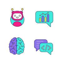 Chatbots color icons set. Virtual assistants. Code, statistics, support chat bots. Modern robots. Digital brain. Chatterbots. AI. Isolated vector illustrations