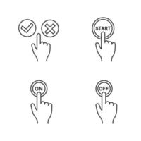 App buttons linear icons set. Click. Accept and decline, start, turn on and off. Thin line contour symbols. Isolated vector outline illustrations. Editable stroke