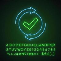 Checking process neon light icon. Successfully checked. Approved. Testing. Glowing sign with alphabet, numbers and symbols. Checkmark. Check mark with circle arrows. Vector isolated illustration
