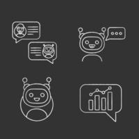 Chatbots chalk icons set. Virtual assistants. Messenger, graph and chat bots. Modern robots. Smartphone chatterbots. Isolated vector chalkboard illustrations