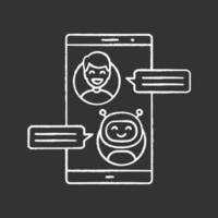 Support chatbot chalk icon. Messenger bot. Modern robot. Virtual assistant. Chat bot. Man chatting with bot on smartphone. Isolated vector chalkboard illustration