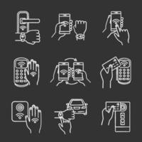 NFC technology chalk icons set. NFC bracelet, door lock, data transfer, smartphone, car. Near field communication. Contactless payment. Isolated vector chalkboard illustrations