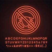 Autonomous car neon light icon. Forbidden sign with car rudder. Autopilot. Driverless car. Glowing sign with alphabet, numbers. Steering wheel in prohibition circle. Vector isolated illustration