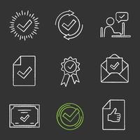 Approve chalk icons set. Check mark, testing, approved chat, document verification, award medal, email confirmation, certificate, quality badge, review. Isolated vector chalkboard illustrations