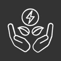 Clean energy chalk icon. Eco power. Renewable resources. Green energy. Lightning bolt and leaves in hands. Isolated vector chalkboard illustrations