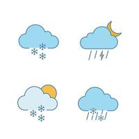 Weather forecast color icons set. Light snow, night thunderstorm, scattered snow, sleet weather. Isolated vector illustrations