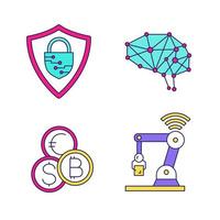 Artificial intelligence color icons set. Cyberspace. Neurotechnology. Cybersecurity, digital brain, currency exchange, IoT robot. Isolated vector illustrations