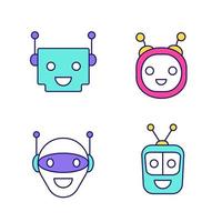 Chatbots color icons set. Talkbots. Laughing virtual assistants collection. Modern robots. Conversational agents. Isolated vector illustrations