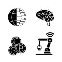 Artificial intelligence glyph icons set. Silhouette symbols. Neurotechnology. AI. Big data, currency exchange, IoT robot, neural network. Vector isolated illustration