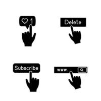 App buttons glyph icons set. Click. Likes counter, delete, subscribe, search bar. Silhouette symbols. Vector isolated illustration