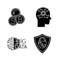 glyph icons set. Silhouette symbols. Neurotechnology. AI. Big data, currency exchange, cybersecurity, robot. Vector isolated illustration