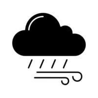 Rainy and windy weather glyph icon. Rain and wind. Storm. Stormy. Heavy rain. Weather forecast. Silhouette symbol. Negative space. Vector isolated illustration