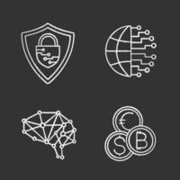 Artificial intelligence chalk icons set. Cyberspace. Neurotechnology. Cybersecurity, digital brain, currency exchange, big data. Isolated vector chalkboard illustrations