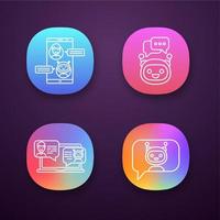 Chatbots app icons set. UI UX user interface. Virtual assistants. Messenger and chat bots. Modern robots. Smartphone and laptop chatterbots. Web or mobile applications. Vector isolated illustrations