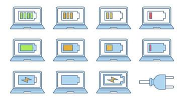 Laptop battery charging color icons set. Computer high, low, middle charge. Notebook battery level indicator. Isolated vector illustrations