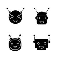 Chatbots glyph icons set. Silhouette symbols. Talkbots. Laughing virtual assistants collection. Conversational agents. Modern robots. Vector isolated illustration