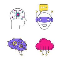 Artificial intelligence color icons set. Neural network Neurotechnology. Chat bot, AI, digital brain, cloud computing. Isolated vector illustrations