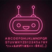 Chatbot neon light icon. Talkbot. Laughing chat bot. Modern robot. Virtual assistant. Conversational agent. Glowing sign with alphabet, numbers and symbols. Vector isolated illustration
