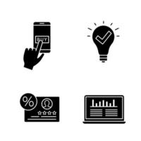 Customer retention and loyalty glyph icons set. Online payment, approved idea, reviews and feedback, web traffic analytics. Silhouette symbols. Vector isolated illustration