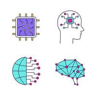 Artificial intelligence color icons set. Information technologies. Neurotechnology. Processor, ai, big data, digital brain. Isolated vector illustrations