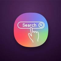 Search button click app icon. Internet surfing. Hand pressing find button. UI UX user interface. Web or mobile applications. Vector isolated illustration