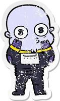 distressed sticker of a cartoon weird bald spaceman vector