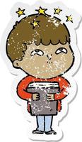 distressed sticker of a cartoon amazed boy vector